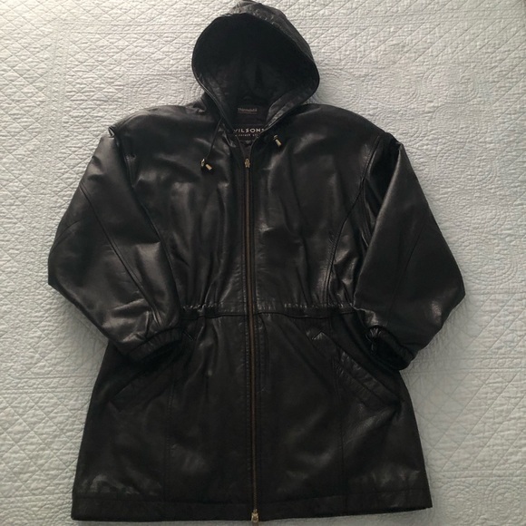 Wilsons Leather vintage 80’s black hooded leather jacket coat. Size small. - Picture 1 of 13